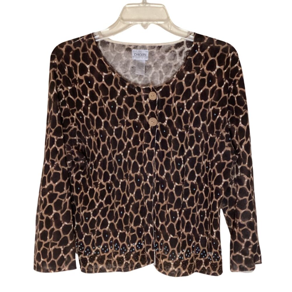 Chico’s Cardigan Women’s M Medium Animal Print 2 Button 3/4 Sleeve Lightweight